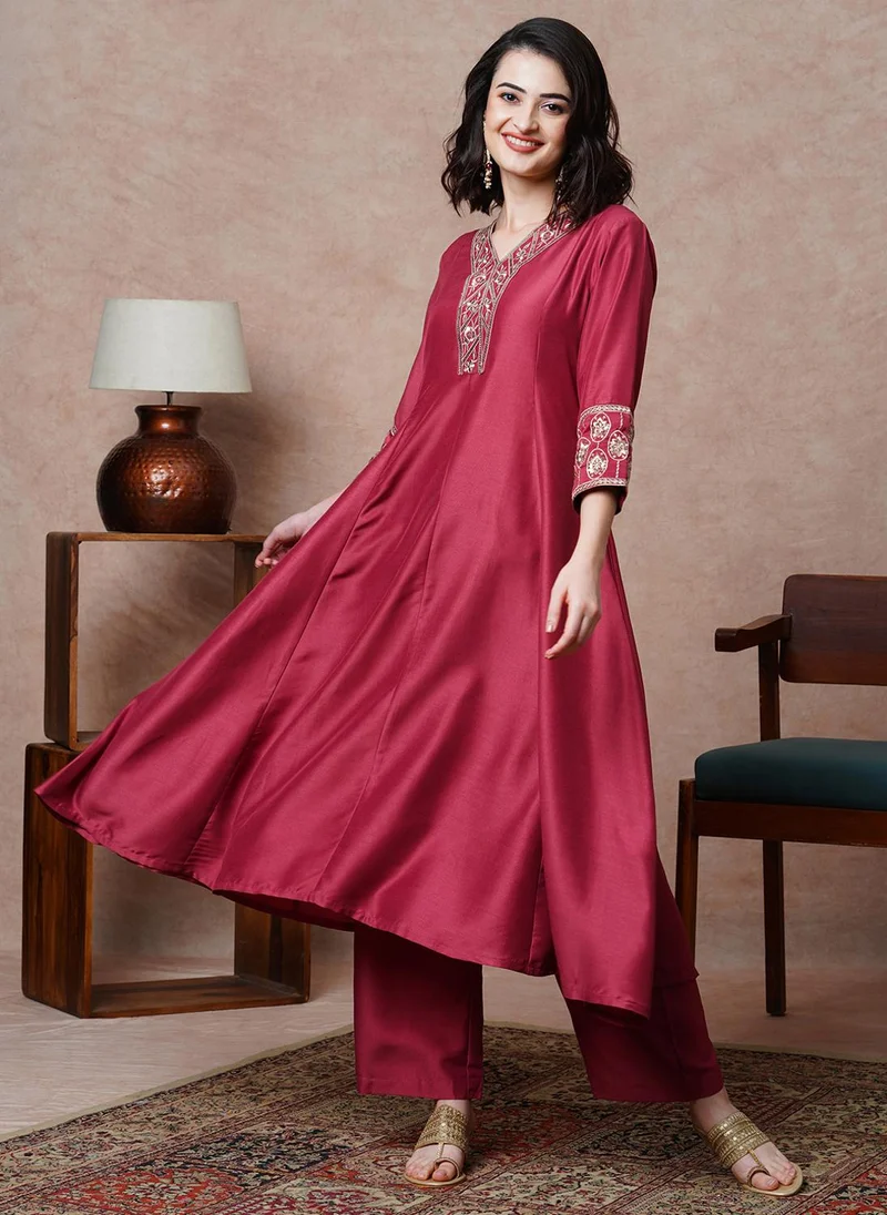 globus Maroon Globus Women Floral Embroidered Sequinned A Line Kurta & Trouser Festive Set for Women | Best Price UAE
